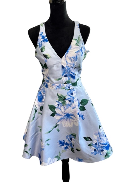 Speechless Blue Floral Satin Fit Flare Dress V Neck Wedding Guest Size 11 - Picture 2 of 10